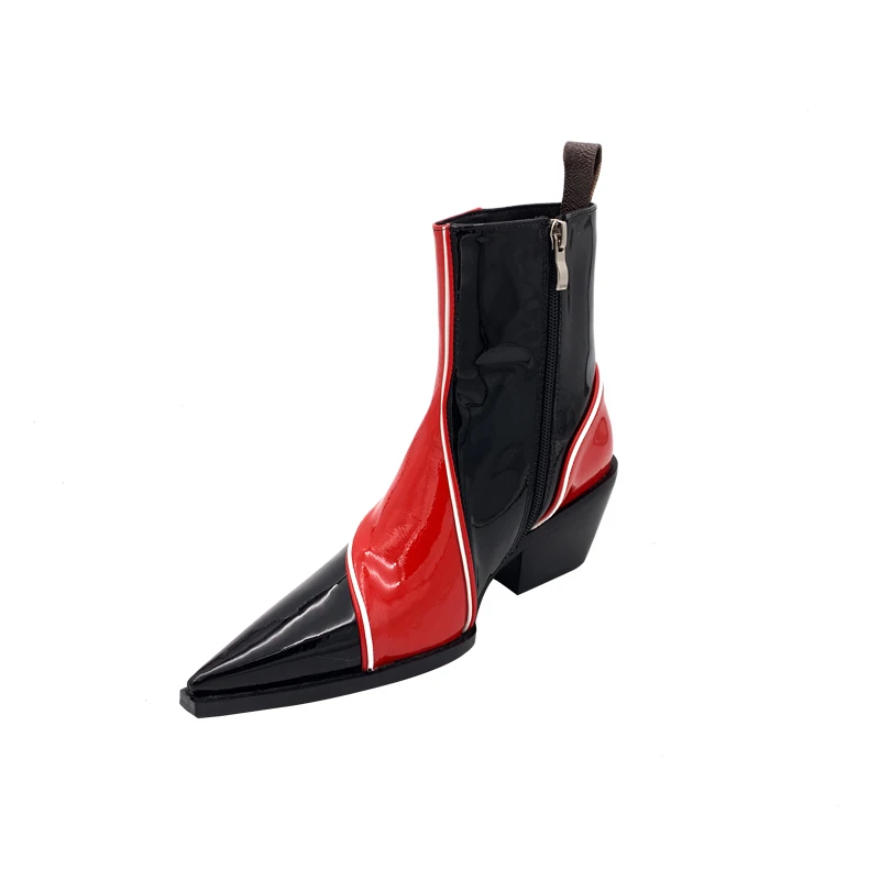 

Pattern Leather Pointed Toe Color Matching Western Short Boots Tide Autumn Winter Side Zipper Trendy Women Thin Ankle Boots