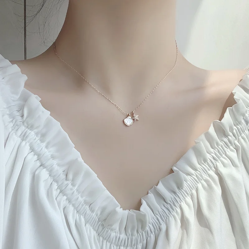 

925 Sterling Silver Danity Zircon Starfish Shell Necklace Clavicle Chain Choker For Women Summer Jewelry Star Collar S-N671