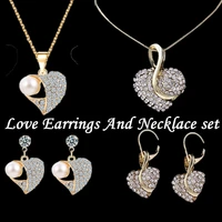 luxury jewelry sets gold romantic crystal heart shape chain necklace earrings sets wedding jewelry valentines gift