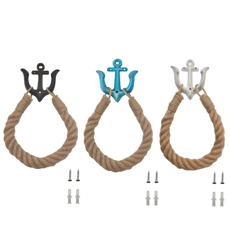 

Nautical Rope Toilet Paper Holder Towel Ring Beach Themed Wall Mounted with Metal Hook for Bathroom Decor