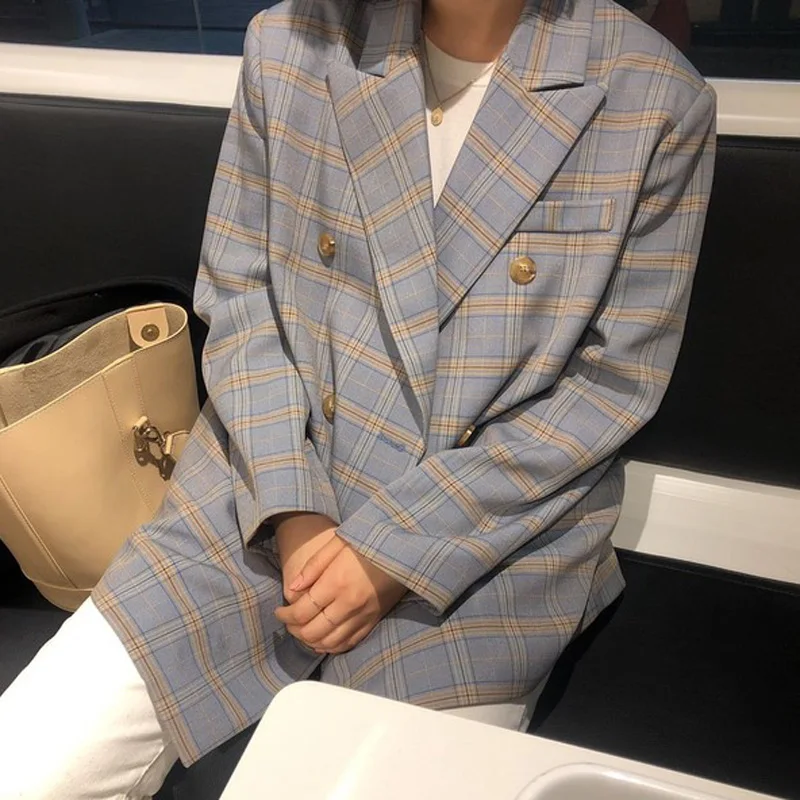 

Повседневный двубортный Женский блейзер большого размера, винтажный клетчатый женский костюм в стиле пэчворк, весенний офисный Блейзер, же...