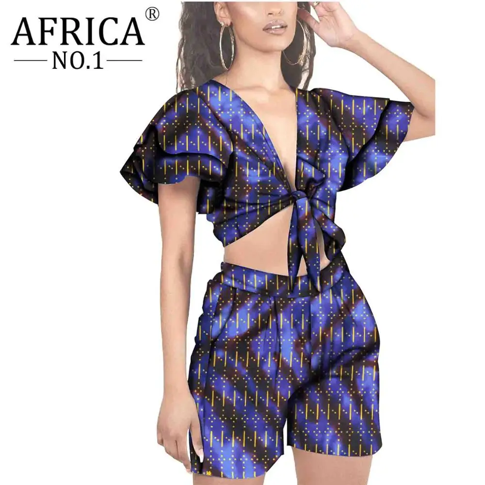 

2021African Fashion Suit for Women Short Sleeve Robe Blouse Top Pants Femme Party Sexy Club Plus size 100%Cotton Wax v2026009