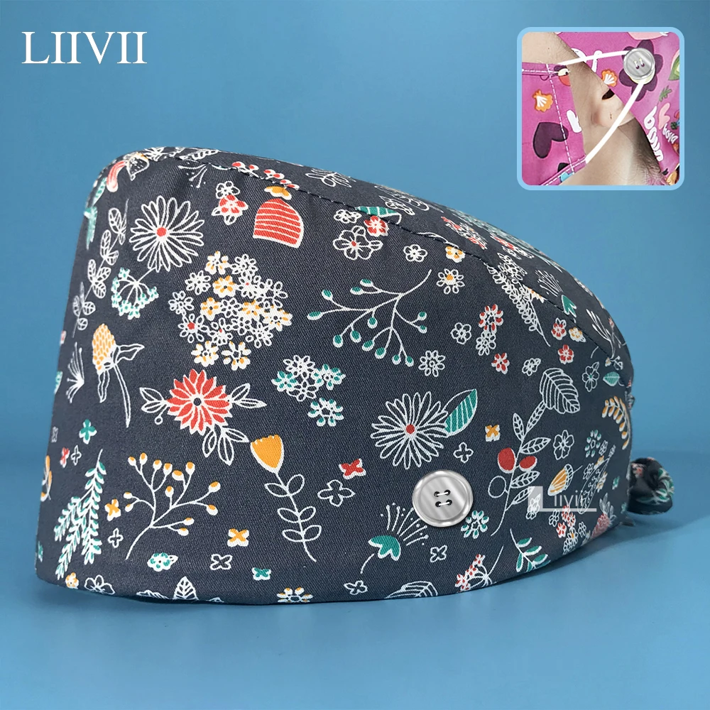 

Multicolor Tieback Pet clinic Dentist hospital caps nurse nursing scrubs Beautician hats Surgical medical hat cotton with button