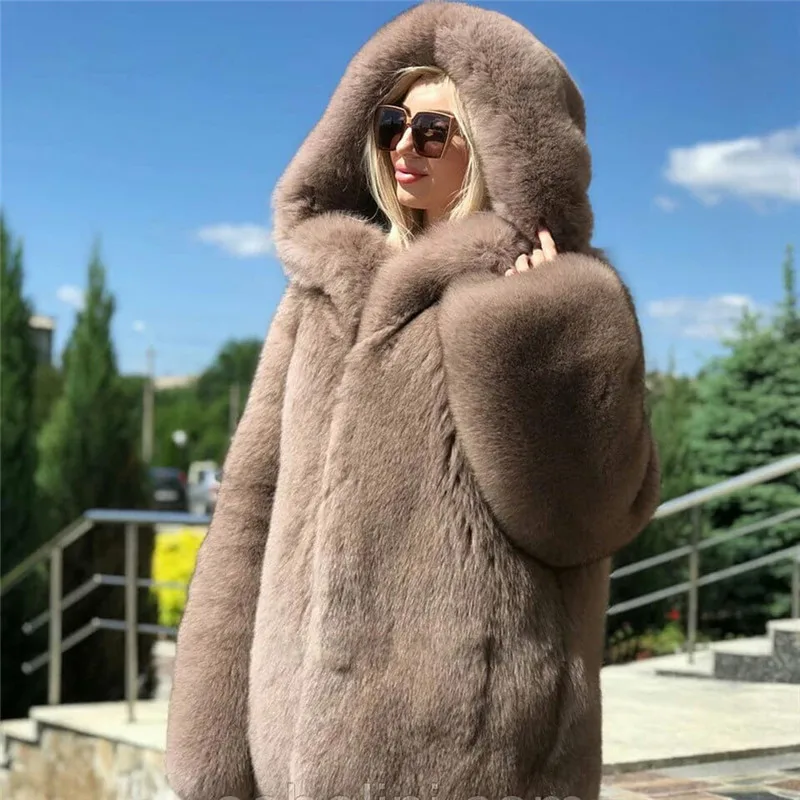 

70cm Long Real Fox Fur Coats With Hood Thick Warm Fur Overcoats 2021 Trendy New Women Genuine Fox Fur Coat Whole Skin Outwear