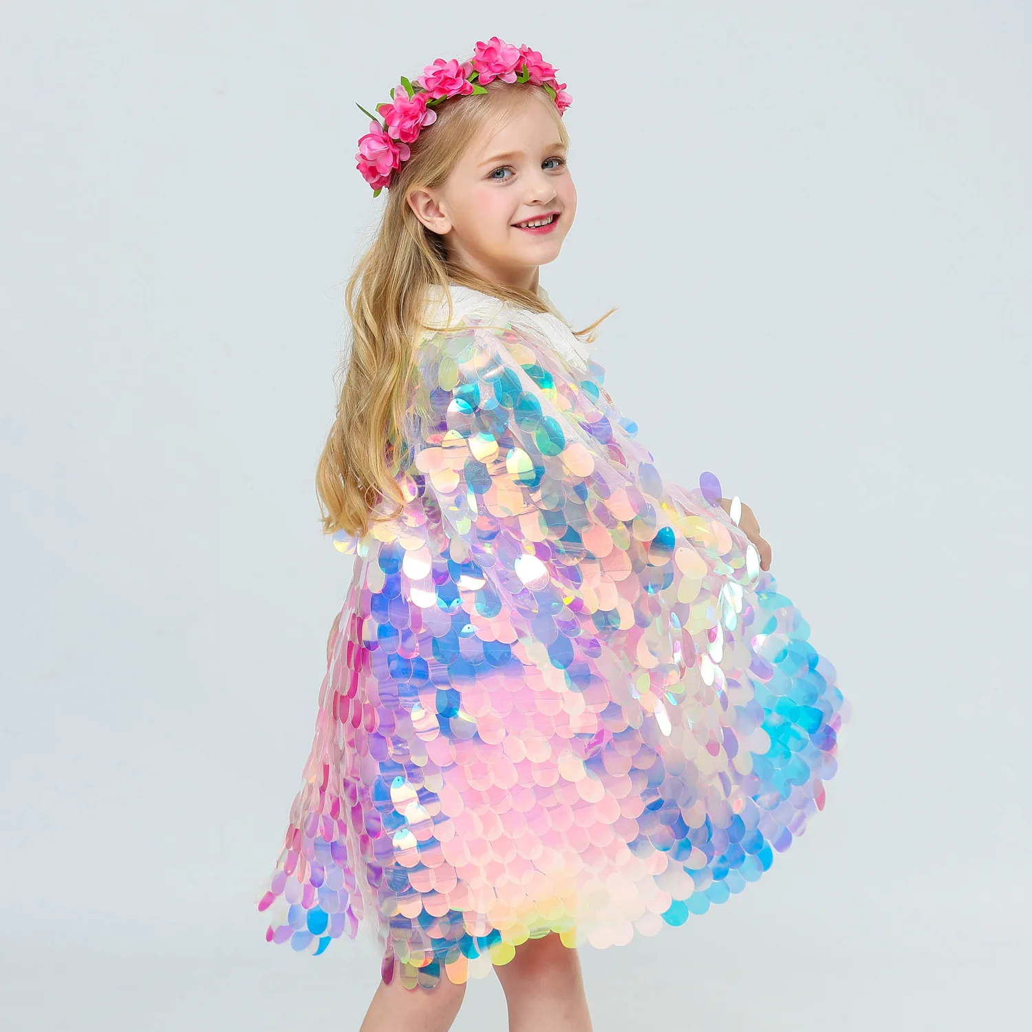 Sequins Princess Girls Cape Cloak for Beach Party Costume Children Rainbow Shawl Cosplay Christmas Kids Girl Wrap | Детская одежда и