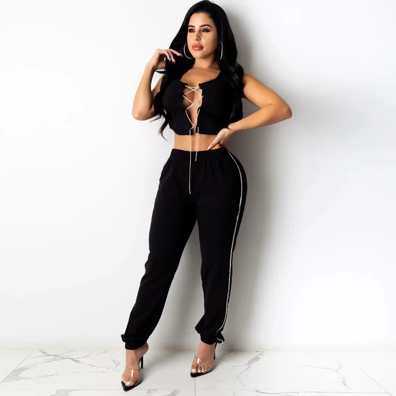 

Women's Cropped Top Jogger Pants Set Sleeveless Elastic Lace-up Hollow Bandage Tank Sports Slimming Loose Trousers Set