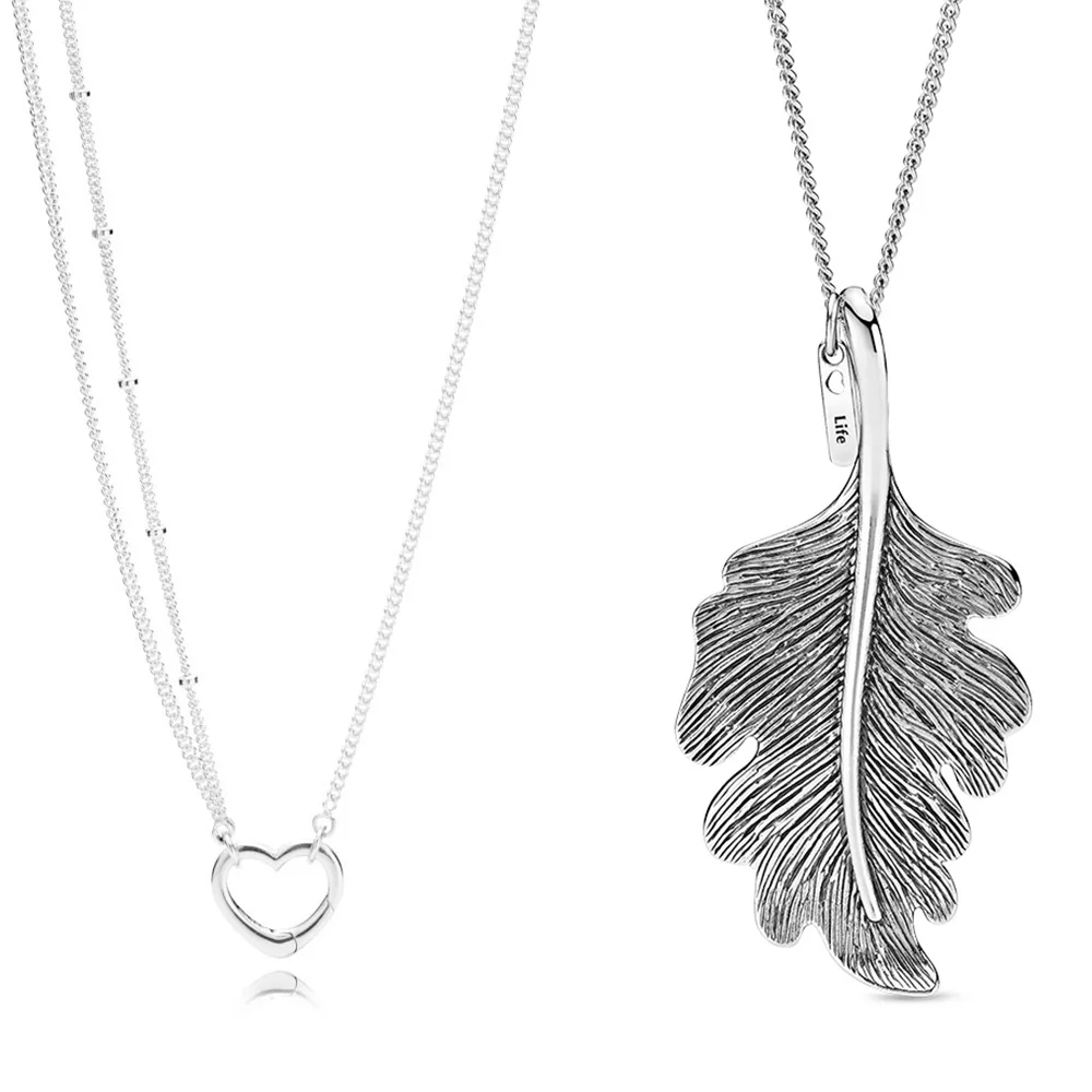 

Real 925 Sterling Silver Pendant Necklace Love Heart Big Leaves Life Letter Pendant Necklace 70CM For Women Jewelry
