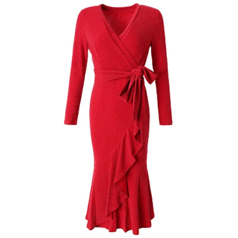 

2021 new winter spring sexy Vintage dress ladies Christmas Bright wire women Plus Size elegant Elastic Ruffles long dresses