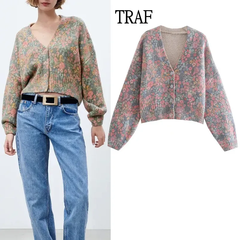 

TRAF Women Cardigan 2021 Autumn Winter Fashion Print Long Sleeve Button Knit Jackets Women Sweaters Femme Coat Chic Tops