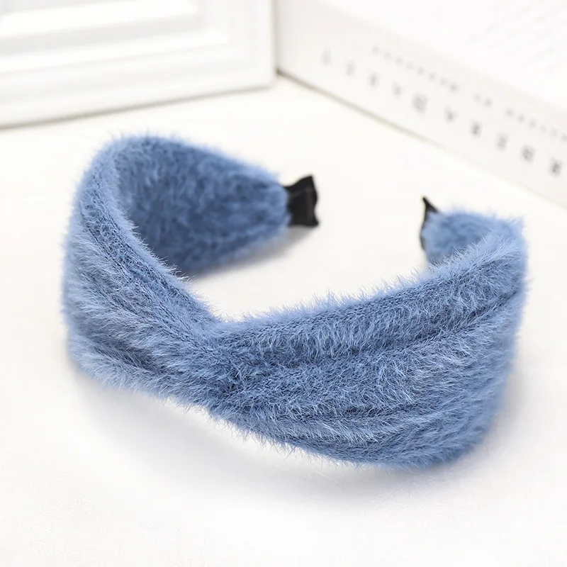 blue Зимняя Теплая повязка на волосы с крестиком из искусственного меха для женщин, плюшевая широкая головная повязка для девочек, ободок для волос, аксессуары - Цвет: blue