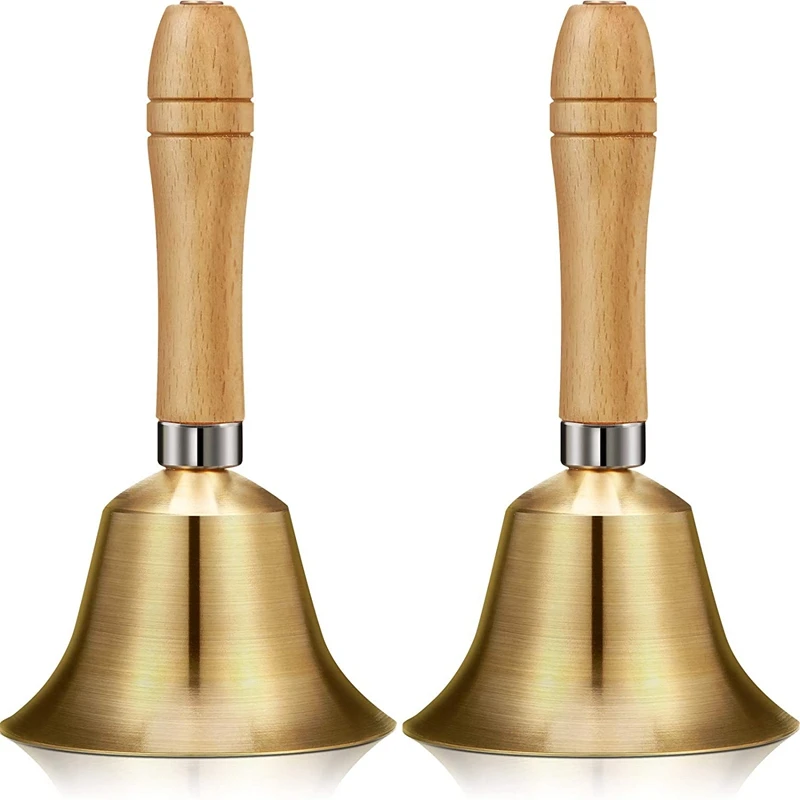 

2 Pieces Brass Hand Call Bells with Wooden Handle Handbells,Held Service Bell,Animal Bell Decoration