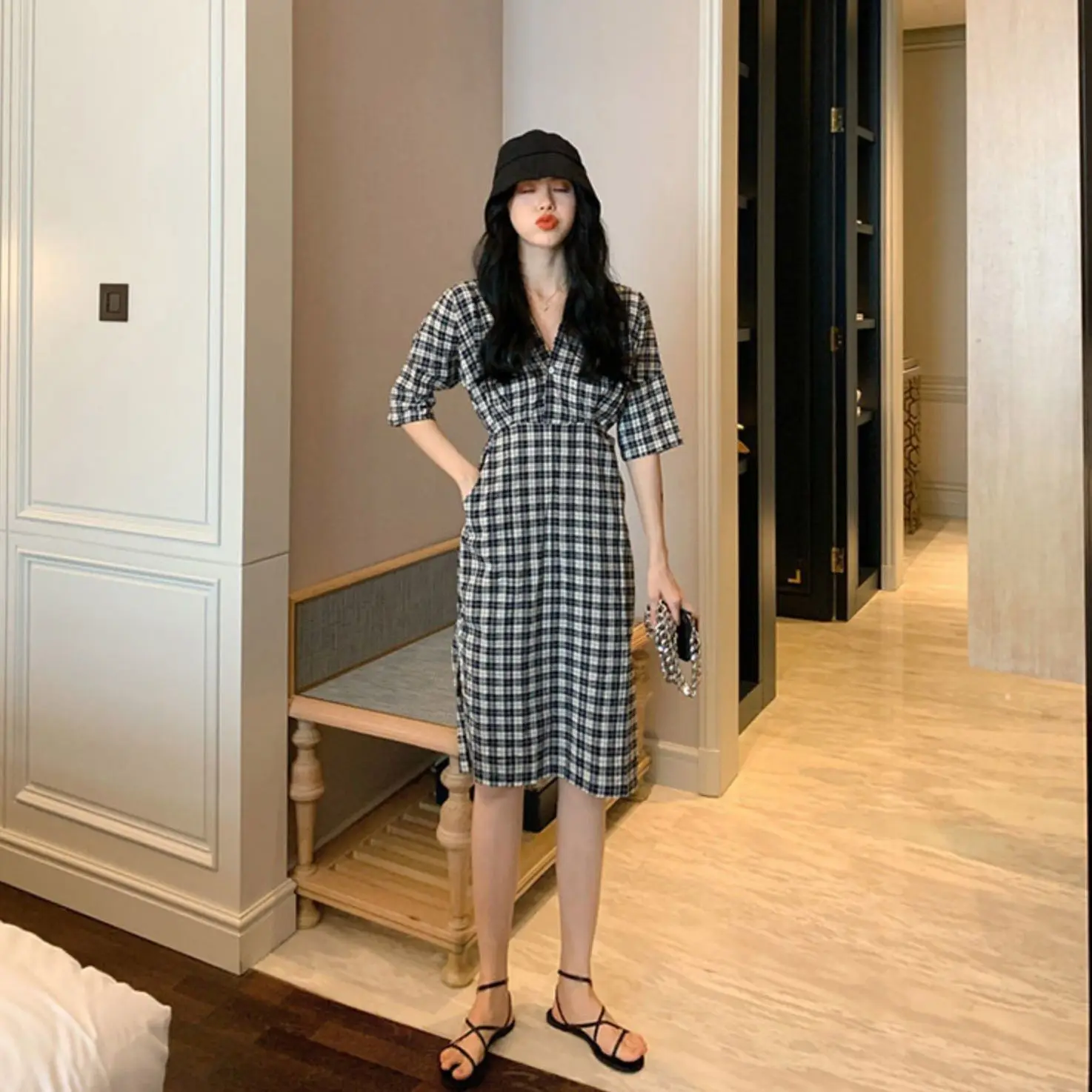 

2021 new socialite waist slim gentle wind temperament dress goddess fan