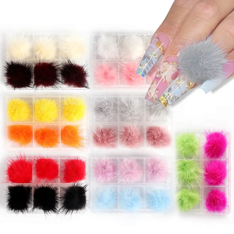 

Magnet Fur Pom pom Balls Fluffy Nail Charms 3D 6PCS Puffy Pom Fashion Jewelry Manicure Nails DIY Accessories Nail Art Detachable
