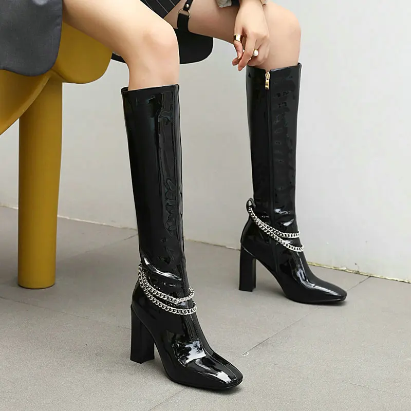 

2021 Autumn Winter Fashion Chain Patent Leather Knee High Boots Women Zipper Thick High Heel Long Boots Ladies Square Toe Shoes