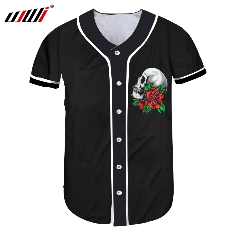 UJWI новые летние топы Футболка с пуговицами Мужская Печать роза цветок череп 3D