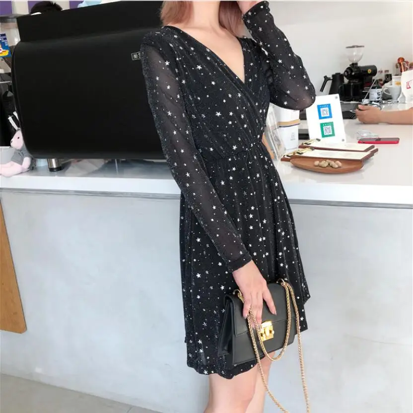 Платье с v образным вырезом и принтом звездное небо звездная луна черные вечерние