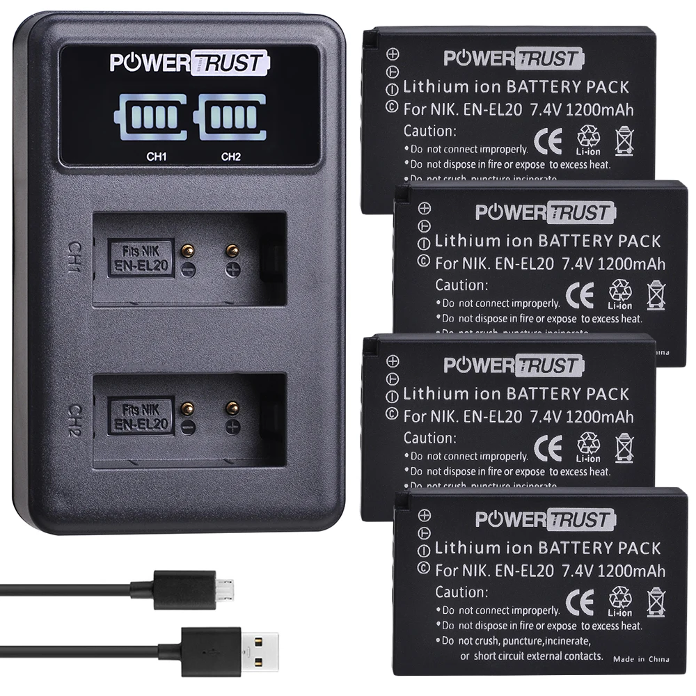 PowerTrust 4 шт. EN EL20 EL20A EL20a батарея akku + светодиодный USB двойное зарядное устройство для