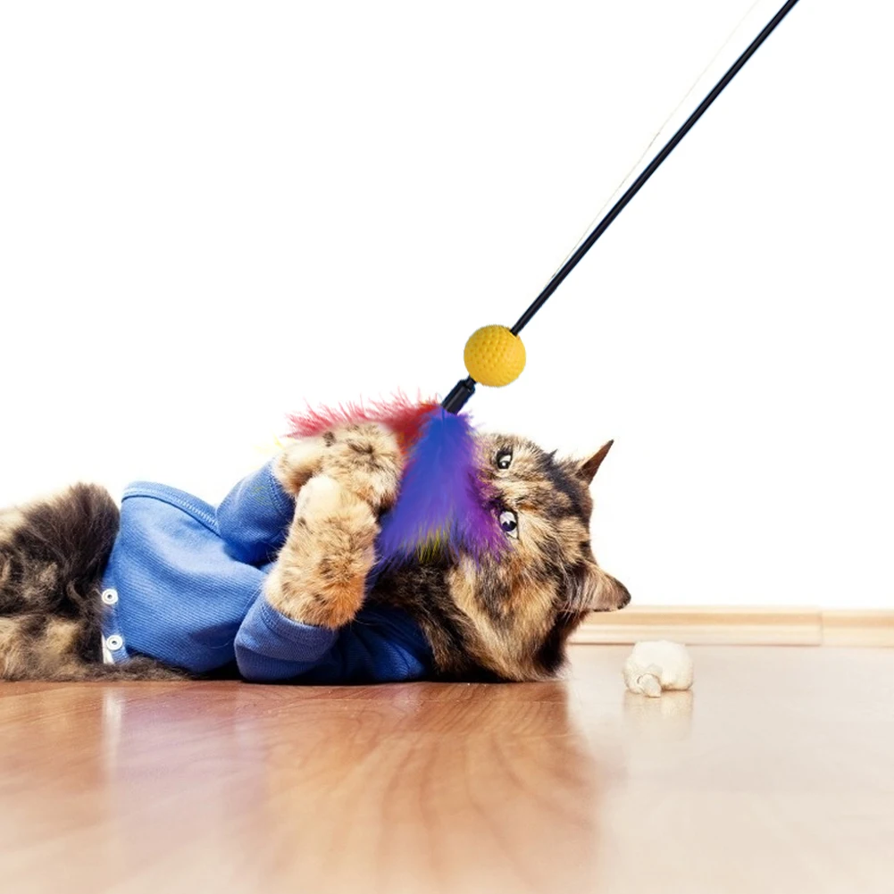 

4pcs Funny Cat Stick Rainbow Long Rod Feather with Rustling Ball Toy Kitten Chaser Teaser Interactive Play Game Wand Toys Random