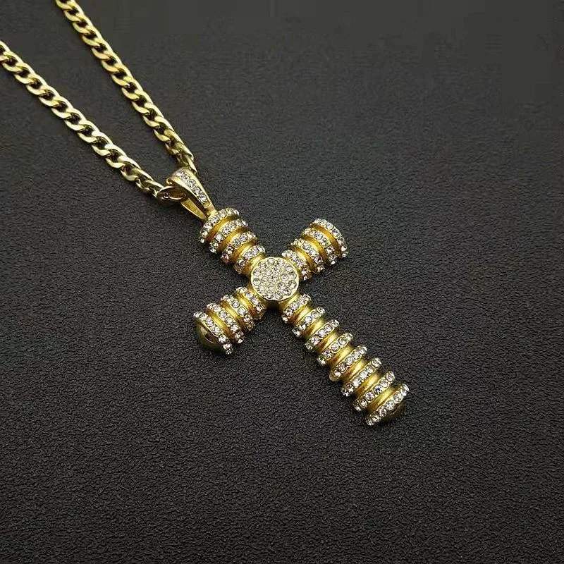 

Fashion Gold Stainless Steel Crystal Religious Cross Pendant Necklace for Men Hip Hop Bling Iced Out Pendant Necklace Jewelry