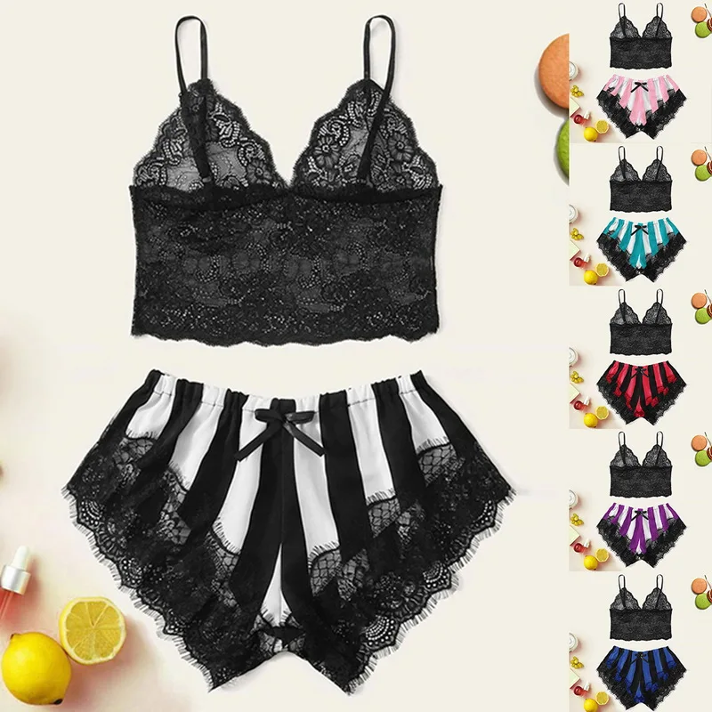 

Sexy Women Striped Satin Silk Lace Sleepwear Lace Floral V Neck Sleeveless Lingerie Tops+Nightwear Shorts Women Pajamas Sets
