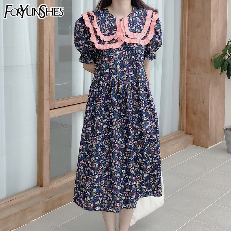 

Korean Midi Dress Women Peter Pan Collar Vintage Elegant Casual Summer Short Puff Sleeve A-line Party Print Floral Vestidos 2021