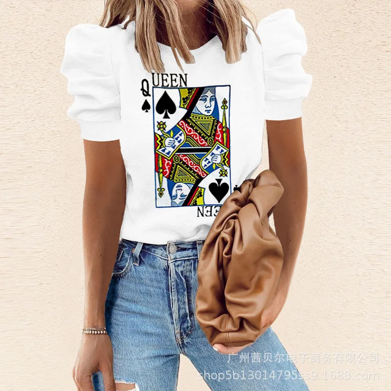 

Mandylandy Lady Short Puff Sleeve O Neck Loose T-shirt Women Elegant Heart Print Ruched Shirt Top