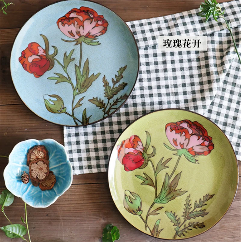 Creative retro hand-painted ceramic cutlery household round flat steak plate art decorative dishes dinner plates tray | Дом и сад