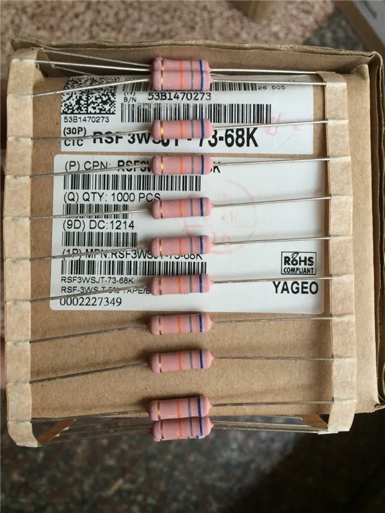 Original new 100% RSF3WS 68K oxide film color ring thick copper foot resistance 68K 3W 5% (Inductor)