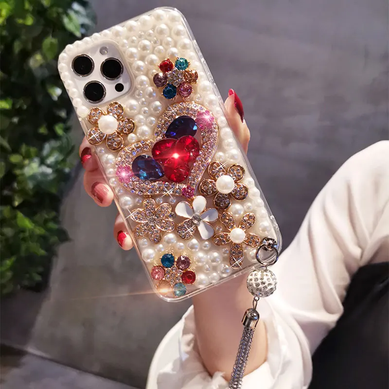 

3D Heart Pearl Diamond Phone Case For Redmi Note 10 9 Pro 9s 9t 8t 8 7 6 5 9a 8a 6a Tassel Pendant Inlay Flower Rhinestone Cover