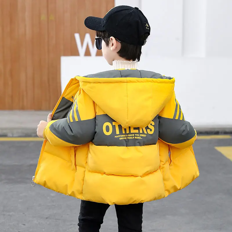 

Winter Polyester Jacket For Boy New 2021 Keep Warm Thicken Plus Velvet Splicing Coat Handsome Hooded Casual Children's Clothing
