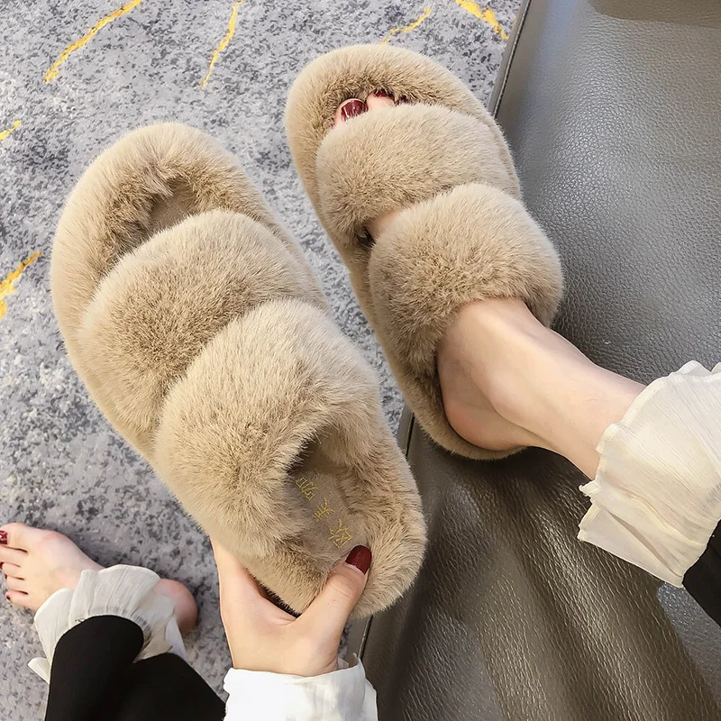 Double Band&cross band fur slippers women platform shoes pantuflas 35-40 candy thicken soled furry slides plush creepers2020 | Обувь