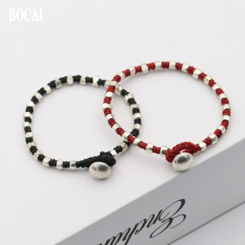 

BOCAI New 2021 Trendy Real Pure s925 Silver Jewelry DIY Vintage Hand-woven Wax Rope Irregular Square Beads Woman Bracelet