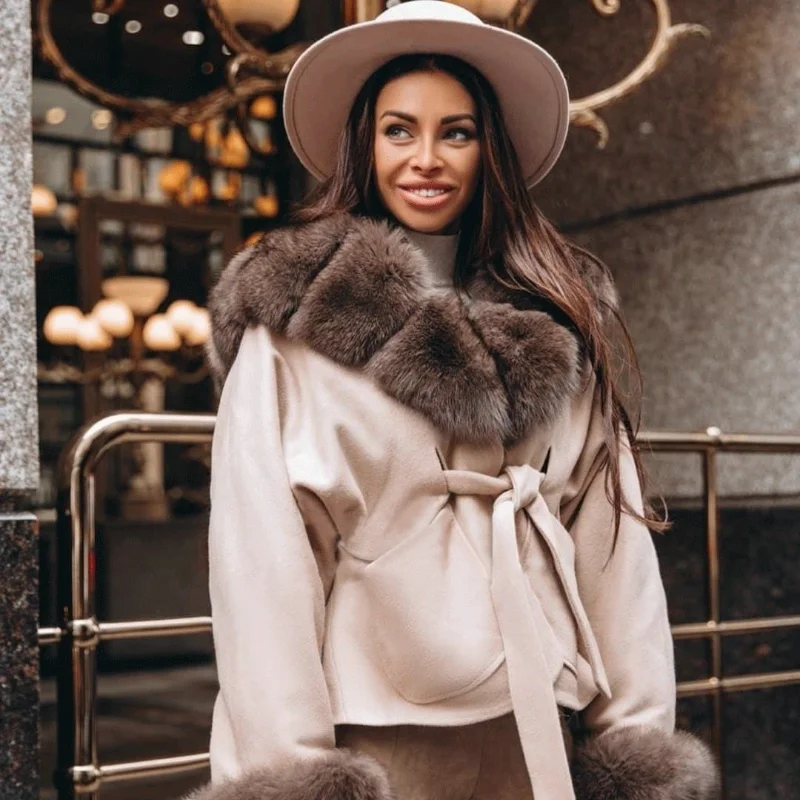 FURSARCAR New Arrival Jacket Real Fox Fur Pink Coat Natural Fur Jacket Top Fashion Female Slim Thick Warm Winter Luxury Overcoat