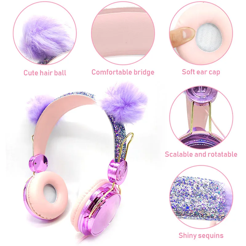 Милый меховой шарик детские наушники с кошачьими ушками для Девочек Музыкальная