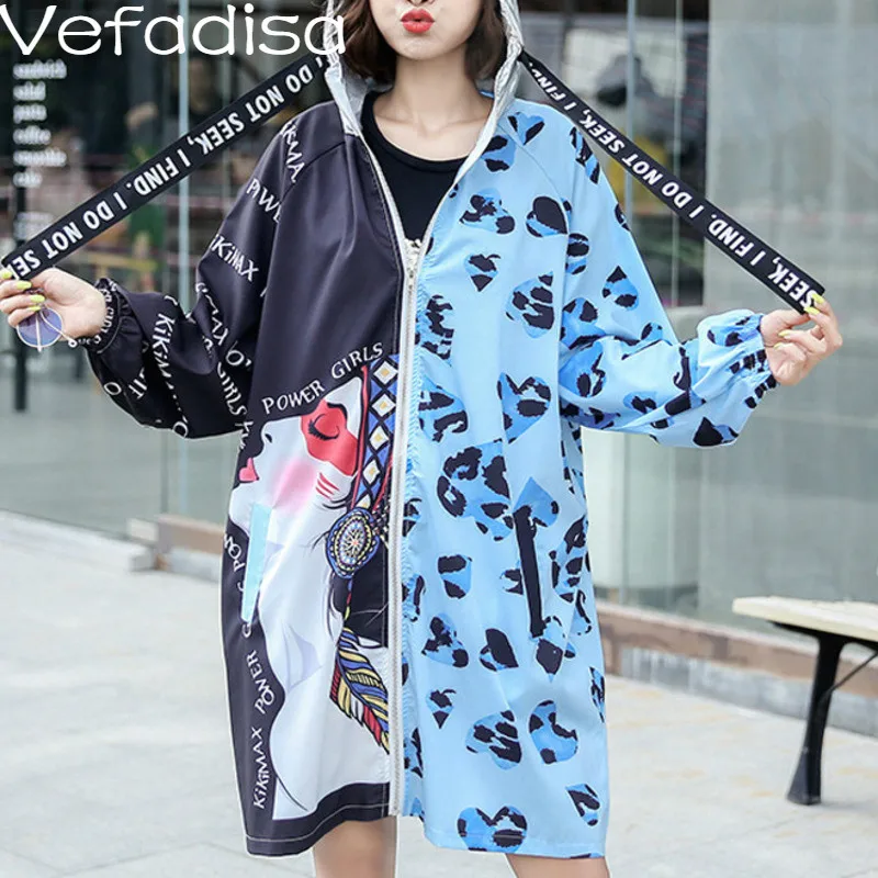Vefadisa Autumn Woman Cartoon Printed Spliced Coat Loose Zipper Hooded Collar Full Sleeve Wide-waisted 2019 QYF199 | Женская одежда