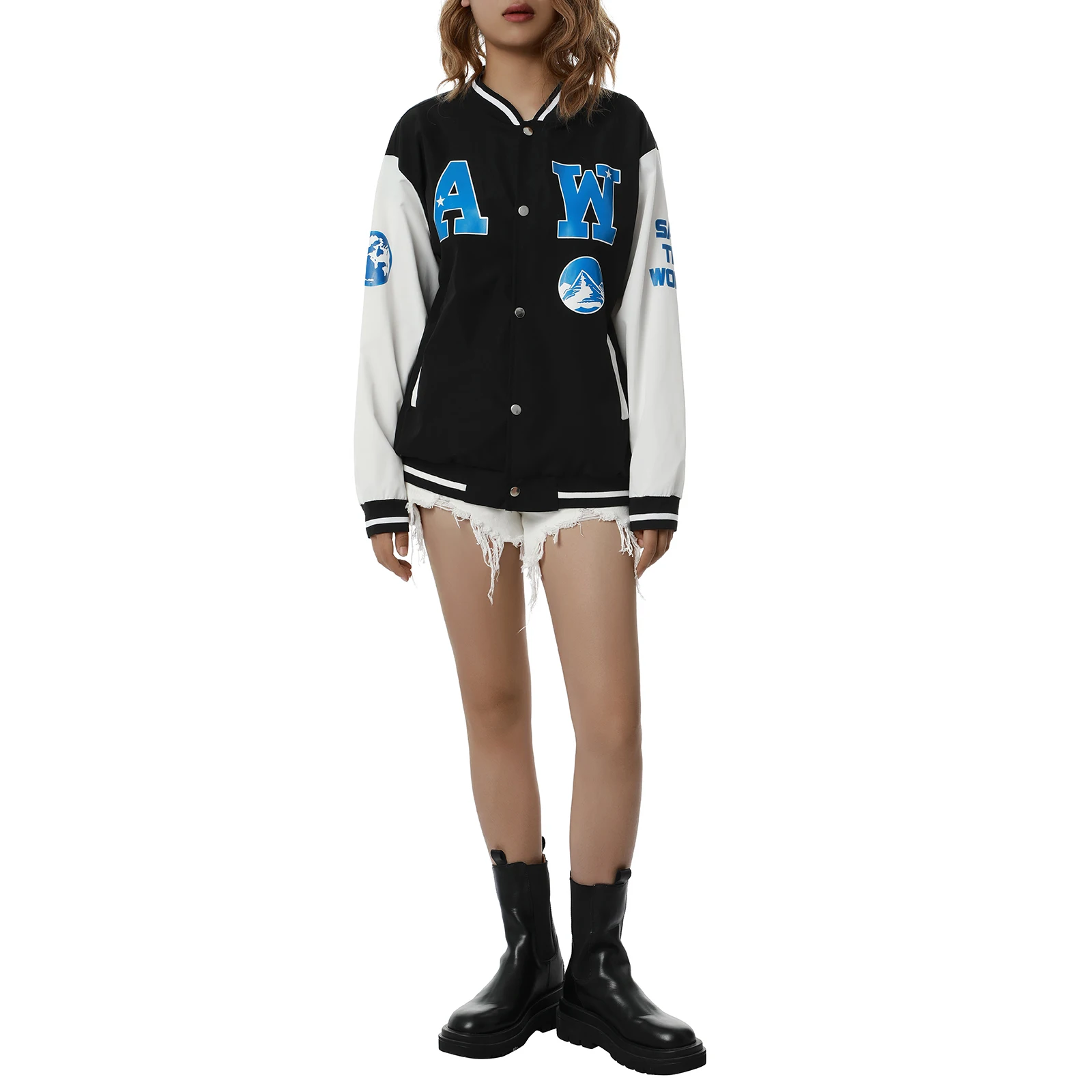 

Women Baseball Jackets,2021 Autumn New Fashion Casual Long Sleeve Stand Collar Ice Cube Print Oversized Jackets