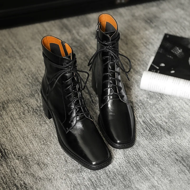 

Genuine Leather Women Boots Cross-tied Ankle Boots for Women Zipper High Heels Autumn/Winter Women Shoes Platform Boots Woman