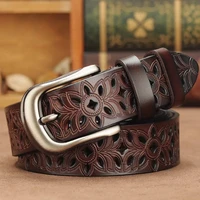 vintage hollow flower carved genuine leather belts for women ladies pin buckle cowhide belt casual strap jeans dress decoration