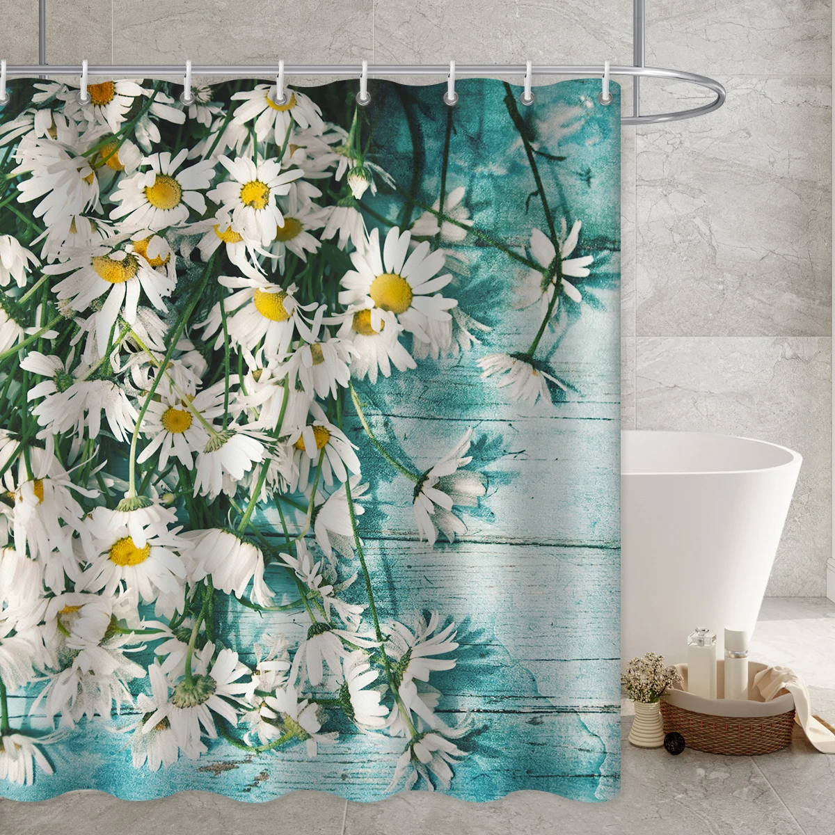 Daisy Floral Printed Long Shower Curtain Waterproof American Country Farm Style Duschvorhang Bathroom Accessories Curtain Hooks