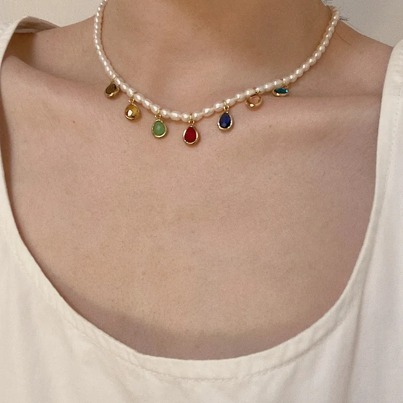 

2020 New Trendy Multi-color Crystal Water Drop Shape Pendant Necklaces for Women Imitation Pearl Tassel Necklace Female Jewelry