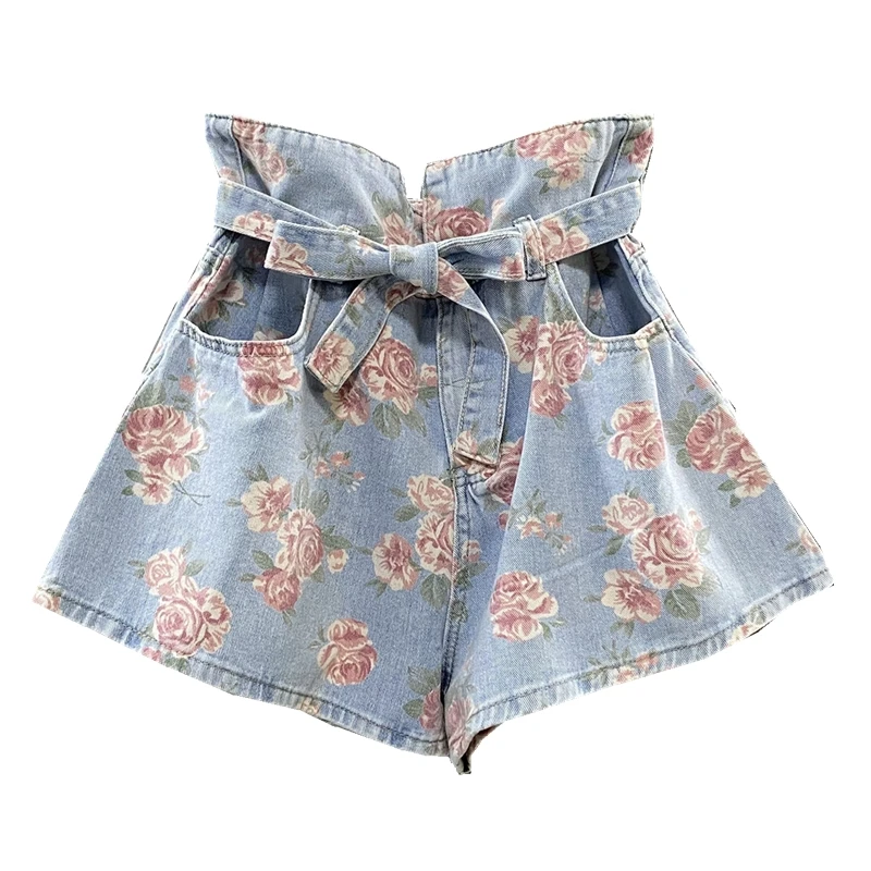 

2021 New Summer Korean Shorts Women's Sexy Clothing Retro Pastoral Flower Bud High Waist Denim Shorts Wide-Leg A- Line Shorts