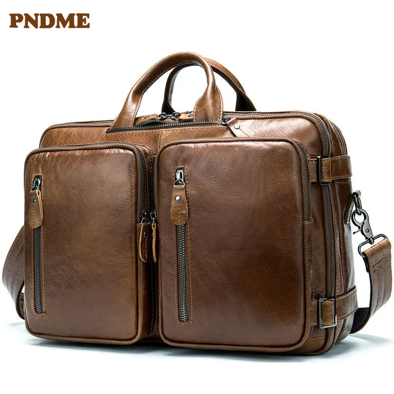 

PNDME винтажный высококачественный деловой мужской портфель из натуральной кожи, многофункциональный дизайнерский большой дорожный портфел...