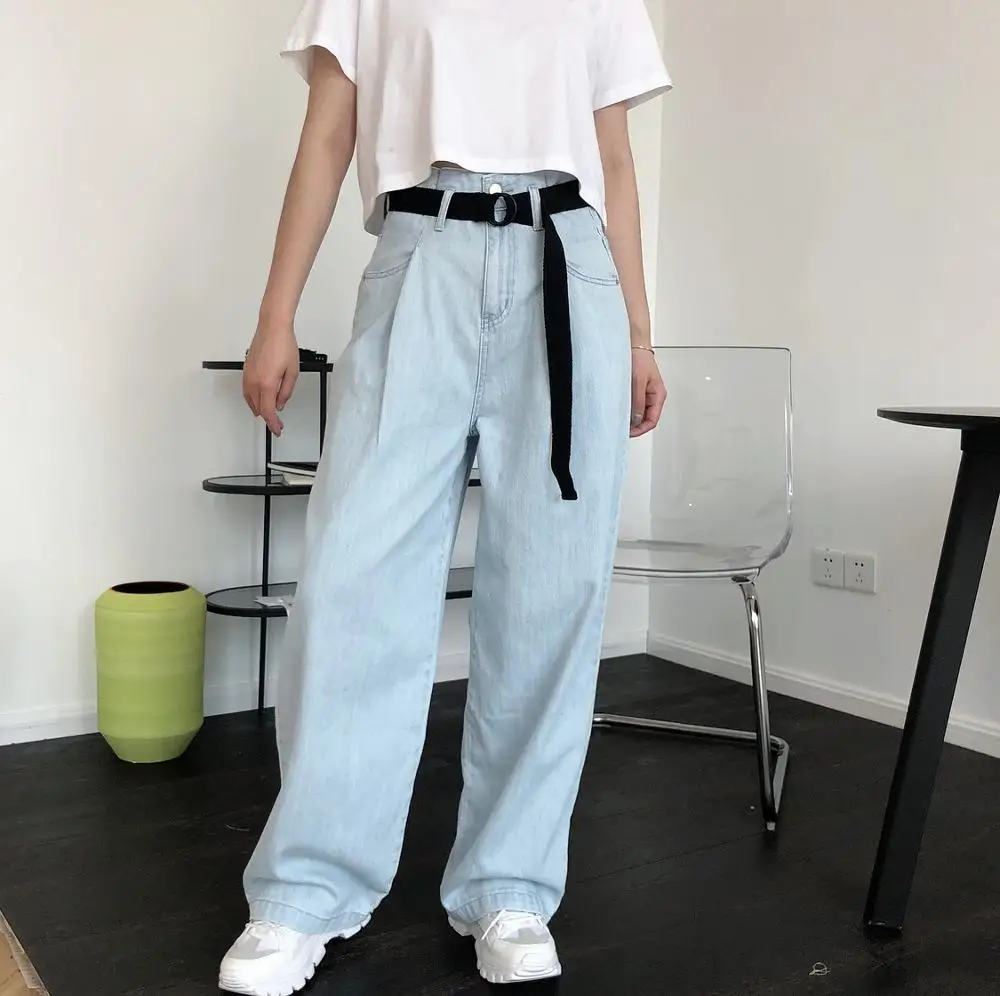 

2021 Hot Sale Autumn And Winter Woman Cotton Long Straight Bright Blue Oversized Jeans For Woman