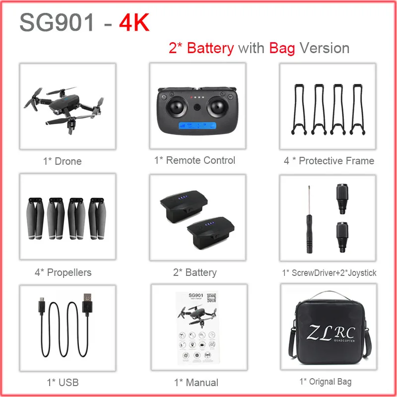 SG901 RC селфи Дрон 4k 1080P HD Двойная камера Складная следуя за мной FPV Профессиональный Дрон долгое время Летающий вертолет детские игрушки - Цвет: 2Battery4KBag