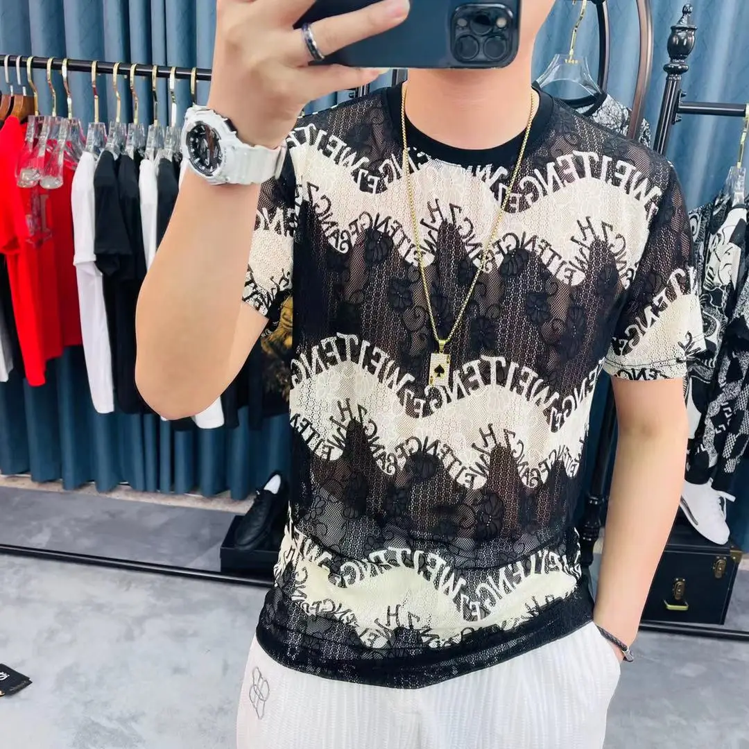 

Lace Hollow Luxury Print Short Sleeve T Shirt Men 2021 Summer Slim O-neck Tops Tees Comfortable Streetwear T Shirt Male Clothing