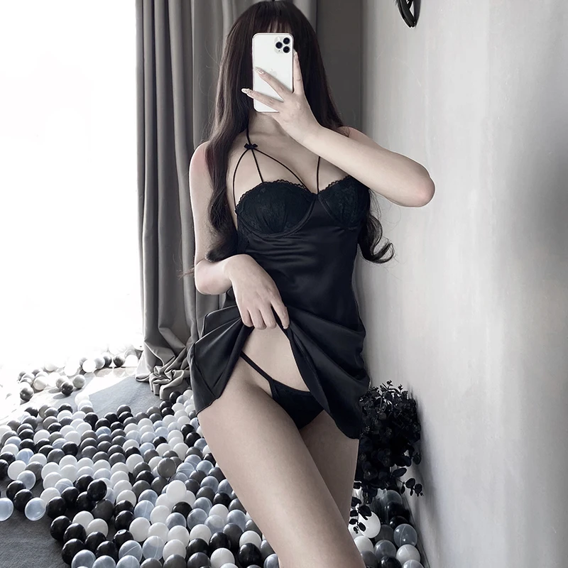 

Ночная рубашка женская, один размер, кружевная атласная шифоновая юбка на бретелях, сексуальное нижнее белье, подходящий вес 80-120 кг