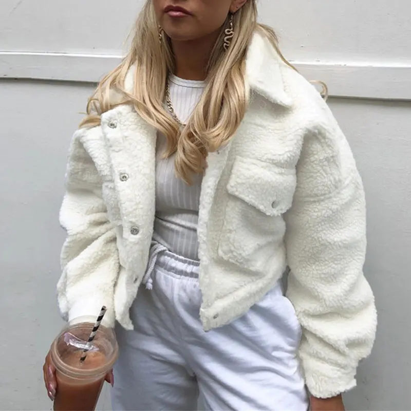 

Za Women Casual Lamb Wool Coat Long Sleeve Turn-down Fleece Warm Cropped Fashion Jackets Single Breasted Autumn Winter Outwear