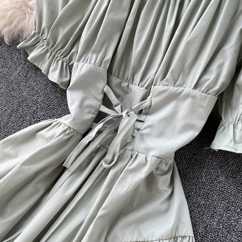 

2021 Summer Pleated Square Collar Western Puff Sleeve Lace-up Women Dress Waist Slim Irregular Fashion Ladies Mid Length Dress