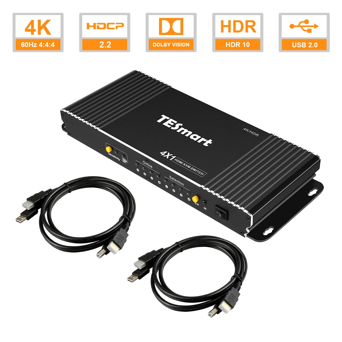 TESmart KVM HDMI Switch with 4 Port Extra USB 2.0 Port Support 4K*2K (3840x2160) with 2 Pcs 5ft HDMI KVM Cables