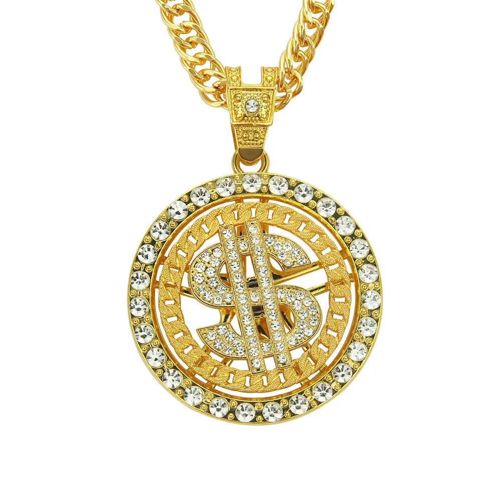 

Disc round Dollar sign Hip Hop Jewelry Gold color Pendants Necklaces For Men Fashion Long Chain Necklace Gift